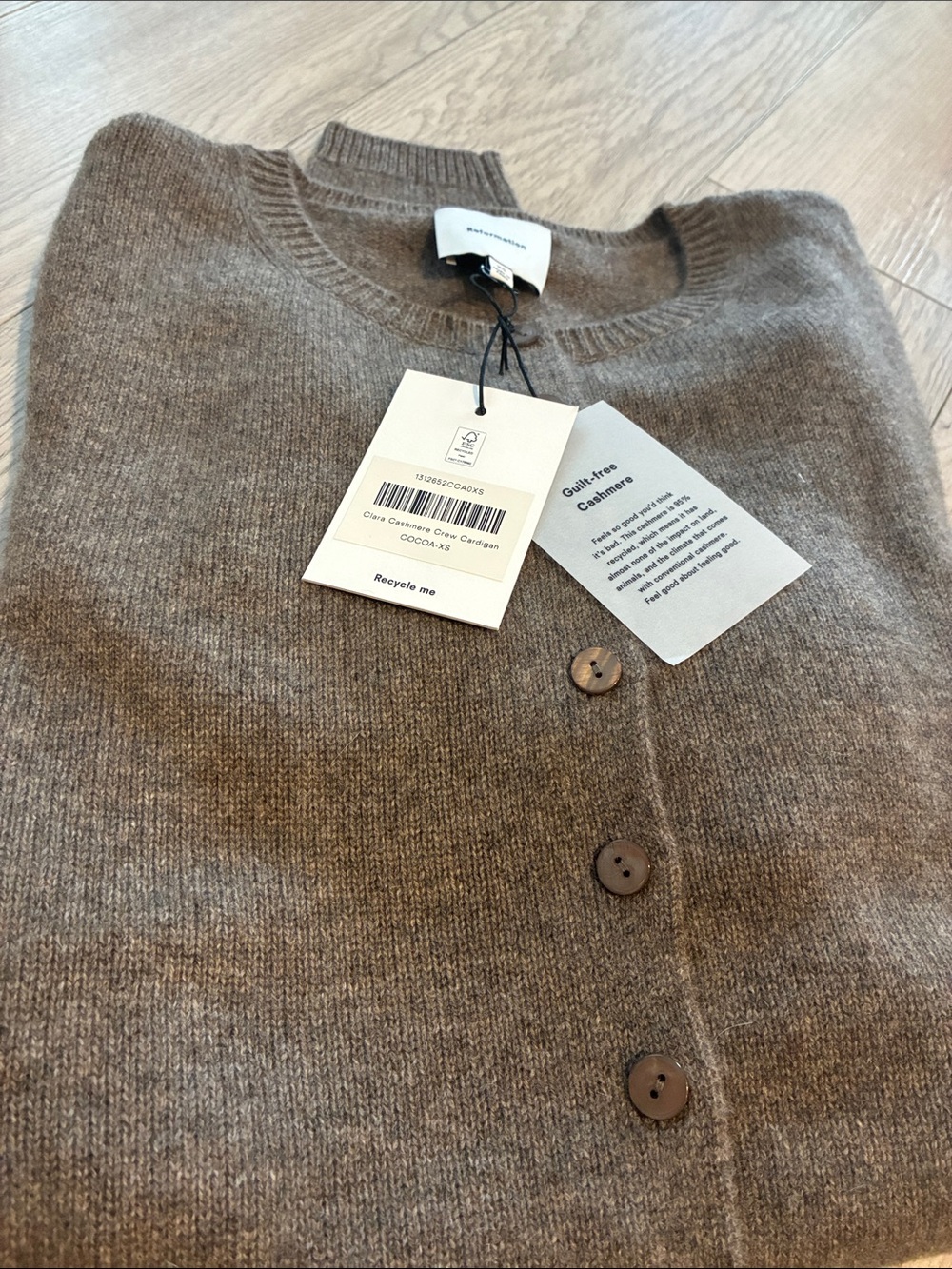 Brand New Reformation Clara Cashmere Crew Cardigan Cocoa